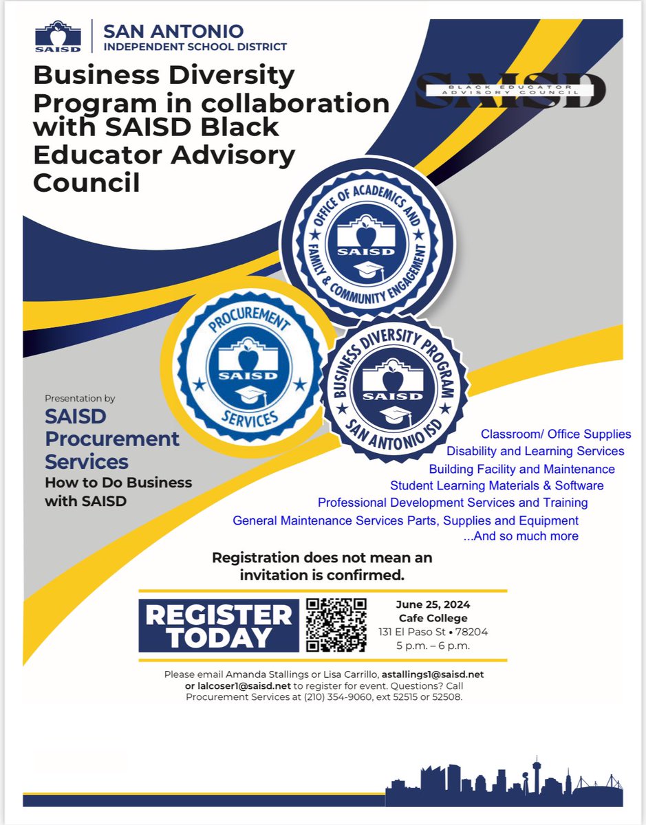 Black Educator Advisory Council of San Antonio ISD (@beacsaisd) on Twitter photo Want to become a <a href="/SAISD/">San Antonio ISD</a> vendor and showcase your business offerings? Join us for a workshop on diversity and inclusion in vendor partnerships! RSVP now for the June 25th event <a href="/cafecollege/">cafécollege SA</a>
#DiverseVendor #Partnerships #TogetherWeCan 🛍️🌟 Want to become a <a href="/SAISD/">San Antonio ISD</a> vendor and showcase your business offerings? Join us for a workshop on diversity and inclusion in vendor partnerships! RSVP now for the June 25th event <a href="/cafecollege/">cafécollege SA</a>
#DiverseVendor #Partnerships #TogetherWeCan 🛍️🌟