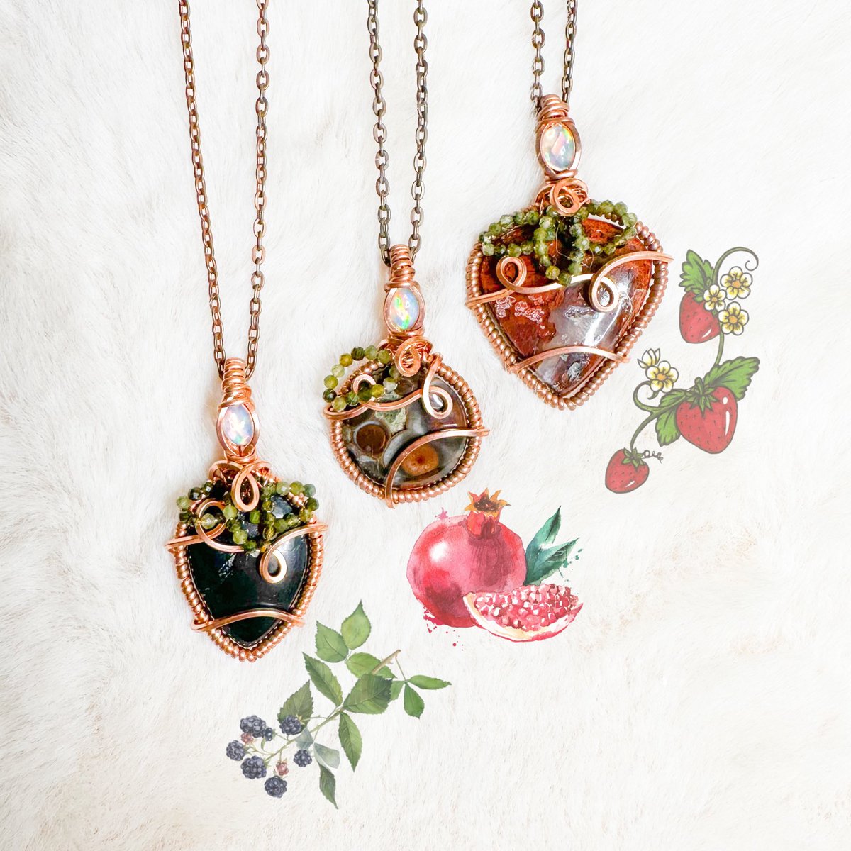 crystal blackberry, pomegranate, and strawberry necklaces 🍓🖤

apart of my “campfire embers” collection coming Friday June 14th 8pm eastern time