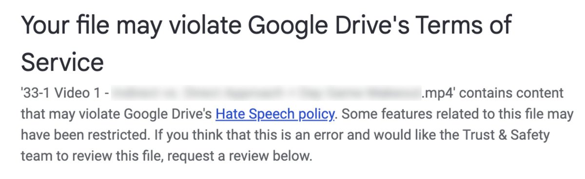 Another reason not to use <a href="/Google/">Google</a> drive (and other pubic cloud-based drives) - they not only scan your personal files, but also can block you from sharing the content 😔