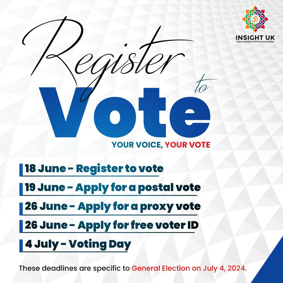 Not Voting = No Voice 

You will have no right to complain when others decide for you.  

Important deadlines are here and INSIGHT UK urges the British Hindu and Indian community to exercise their voting right in the UK General Elections 2024.  

Register to Vote and Go out to