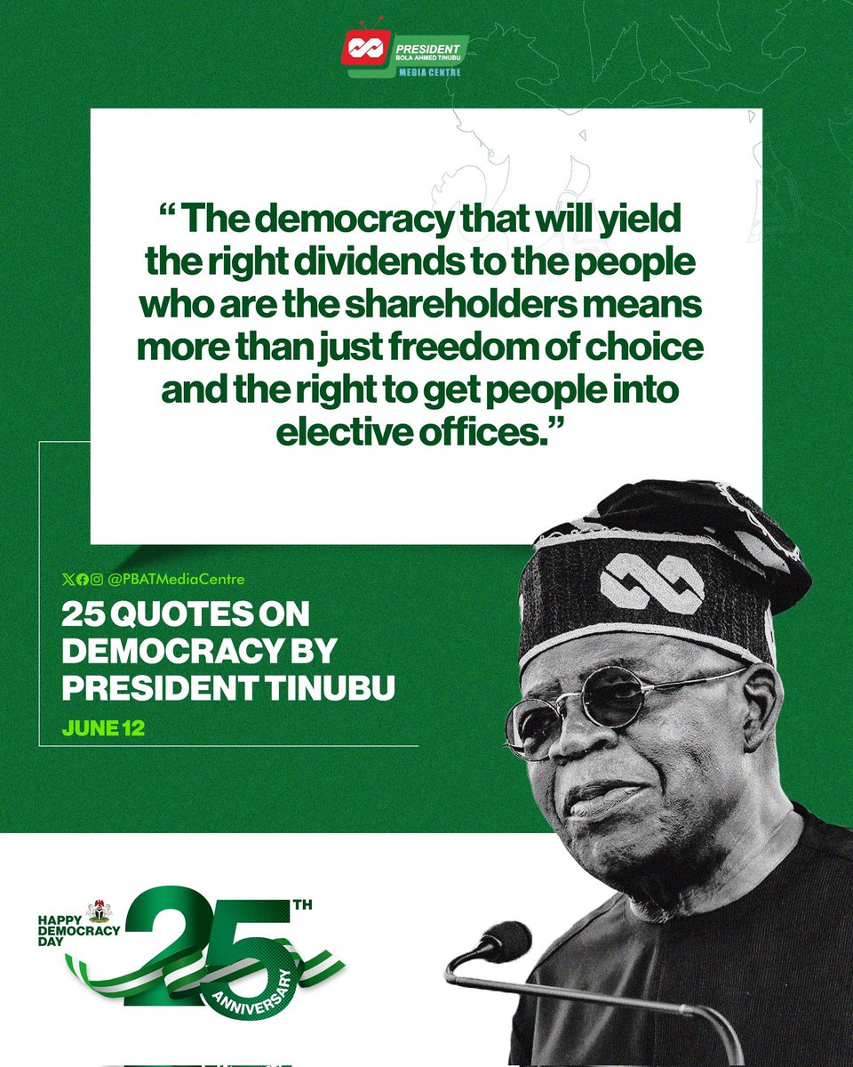 Before his emergence as President, <a href="/officialABAT/">Bola Ahmed Tinubu</a> has been a prominent advocate of democracy in Nigeria | Southwest First Alert Magazine 

Here, we compiled 25 of his most famous quotes on democracy as we celebrate the #25thDemocracyDay today.