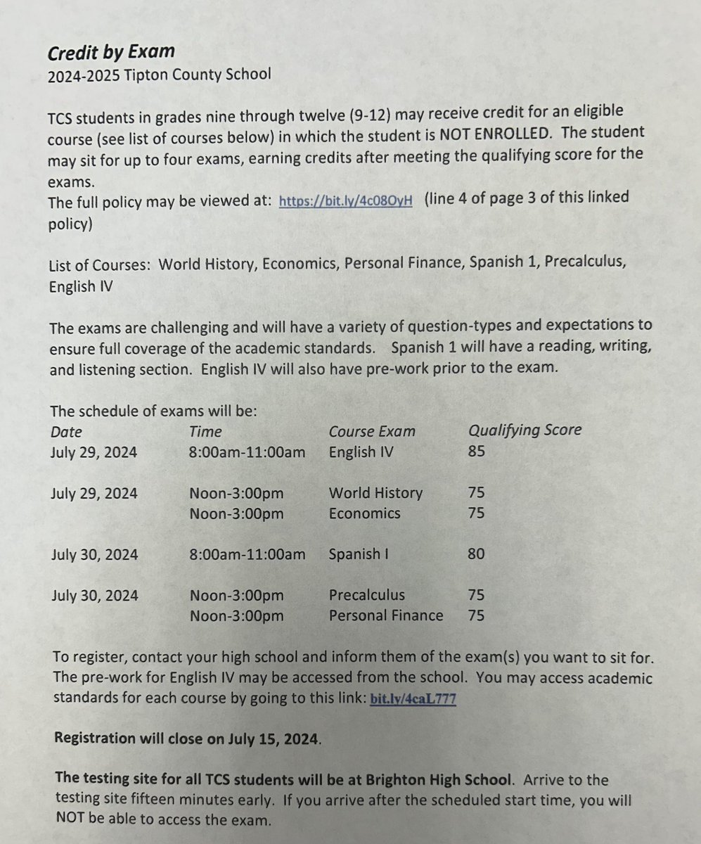 See below for information about Tipton County Schools’ credit by exam offerings.