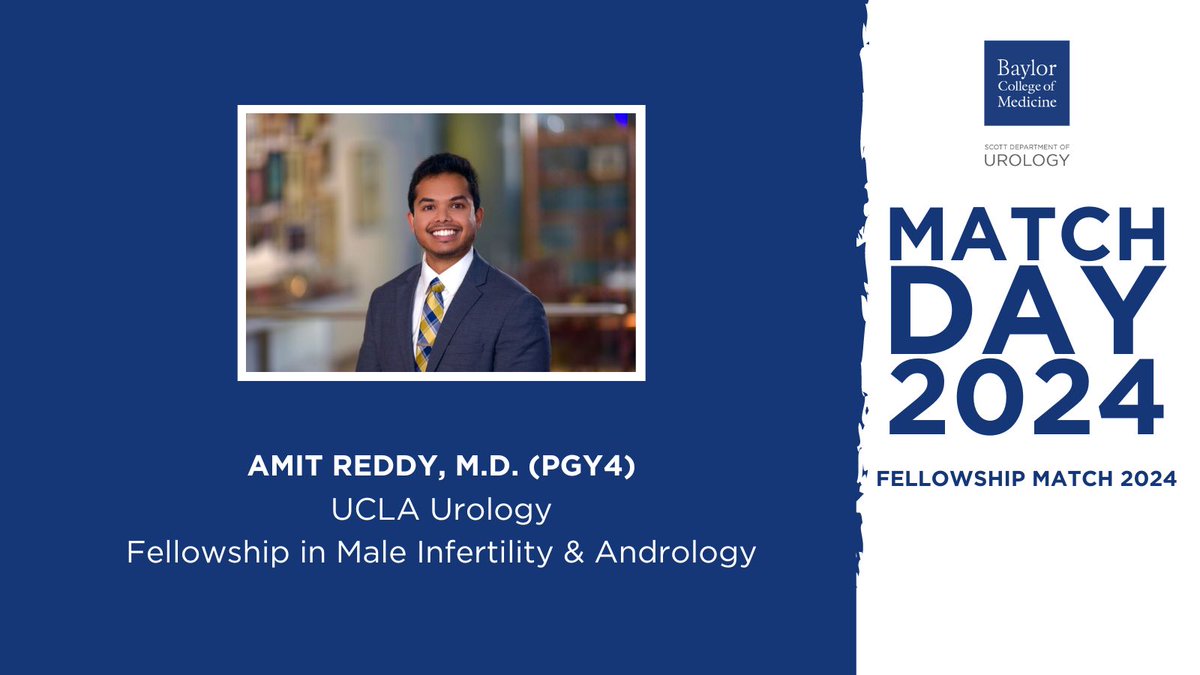 BCM Department of Urology (@bcm_urology) on Twitter photo Join us in congratulating Dr. Amit Reddy (PGY4) for securing his spot in the <a href="/UclaUrology/">UCLA Urology</a> program as a Male Infertility and Andrology fellow for 2025!
Our unwavering support will accompany him throughout his promising career!
#BCMUrology #FellowshipMatch #MatchDay Join us in congratulating Dr. Amit Reddy (PGY4) for securing his spot in the <a href="/UclaUrology/">UCLA Urology</a> program as a Male Infertility and Andrology fellow for 2025!
Our unwavering support will accompany him throughout his promising career!
#BCMUrology #FellowshipMatch #MatchDay