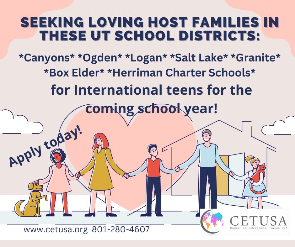 CetusaUtah's tweet photo. This is a great opportunity to share your culture and learn about a different one. If you are interested or know someone who might be, please contact us at 801-280-4607. $200 Referral bonus offered! Help us spread the word. https://t.co/isMySmW2dK