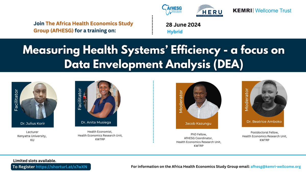 Training Alert 🔔!!! 
Interested in learning more about measuring health system efficiency?  

Join us for the monthly #AfHESGTraining session. This month we will discuss Data Envelopment Analysis!  

Date: 28 June 2024  

Registration link: shorturl.at/x7wXN

#DEA