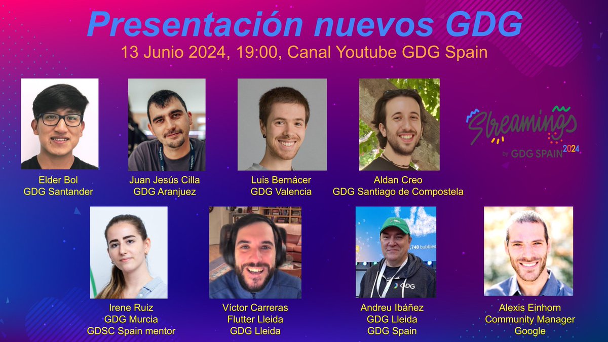 Mañana 13 de junio, en directo a las 19:00, tendremos un #StreamingsGDGSpain para presentar a los nuevos leads de los <a href="/googledevgroups/">Google Developer Groups</a> de Santander, Aranjuez, Valencia y Santiago de Compostela, junto a <a href="/IreneRuizPozo/">Irene Ruiz</a> y @vcarreras9 , url: youtube.com/live/PD4cMjkre…