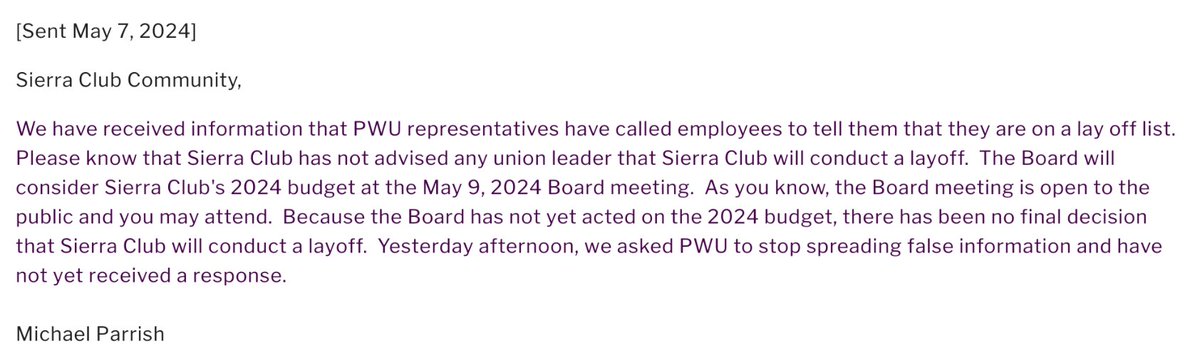 PWUnion1's tweet image. It's been around a month since @SierraClub said the union was spreading false information about potential layoffs - and, you guessed it, since then they have laid off and locked out dozens of our members (in direct violation of our contract) as well as unrepresented staff.