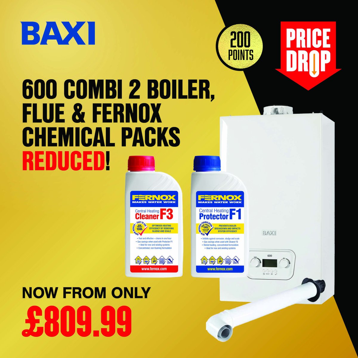 SAVE up to £125! REDUCED! BAXI 600 COMBI 2 Boiler, Flue and Chemicals Packs now from ONLY £809.99+VAT. Visit our website for more BIG DEALS eu1.hubs.ly/H09F4n-0 Baxi UK #bigdeals #tradeonlyplumbing #boilerdeals