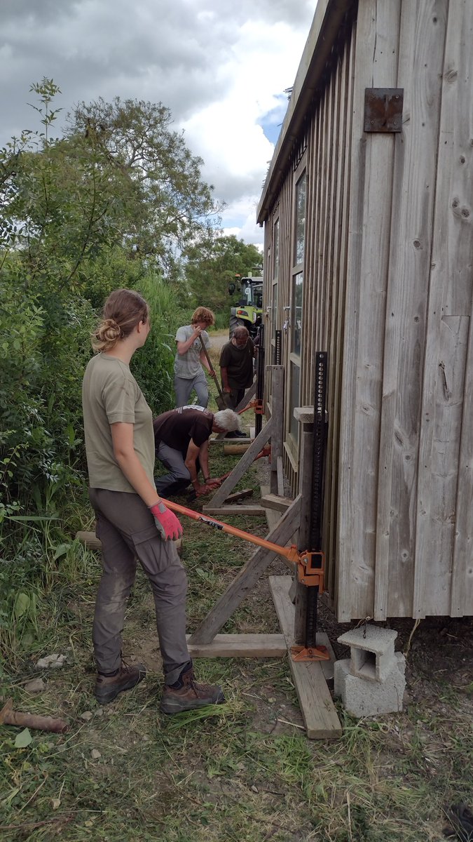 EugeneBirds's tweet photo. Trying to rescue one of ACROLA's  ringing buildings which ended up half in a ditch in its winter quarters due to  a storm and  x-high spring tides. Deft work by Angelique and her tractor and we eventually succeeded ! Still lots of repairs to do before mid-July though 🫤  #acrola https://t.co/ZGU658RcMh