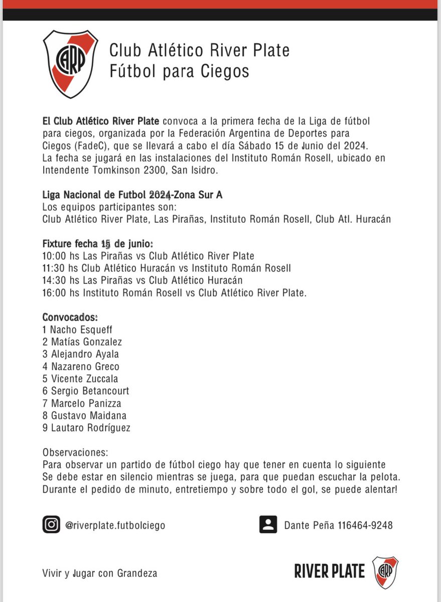 fmriverespasion's tweet photo. 🚨#River El fixture y los convocados de @RiverPlateCiego para el comienzo de la Liga Nacional el próximo Sábado.
#VamosRiver ⚪️♥️⚪️ https://t.co/x7oRp0crp1