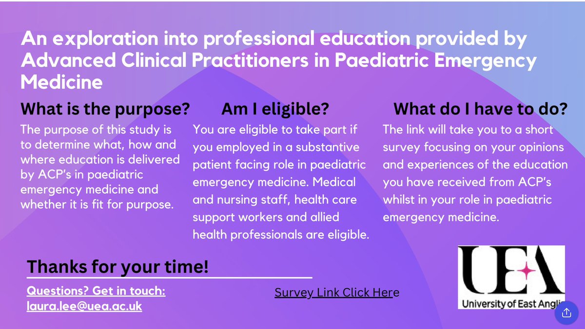 Do you work in #PEM? Do you provide direct patient care? I need you!
Please consider taking part in my doctorate research study…..and/or share the advert below.
#research #profdoc <a href="/RCEMACPForum/">RCEM ACP Forum</a> <a href="/RCollEM/">Royal College of Emergency Medicine</a>  <a href="/UEA_Health/">School of Health Sciences</a> 

qfreeaccountssjc1.az1.qualtrics.com/jfe/form/SV_aU…