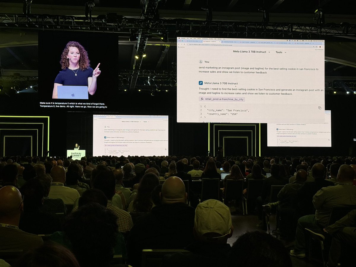 databricks's tweet photo. “We have to move from general intelligence to data intelligence,” says @kuhlenhuth during a live demo of MosaicAI at #dataaisummit https://t.co/cLEnZzbfwC