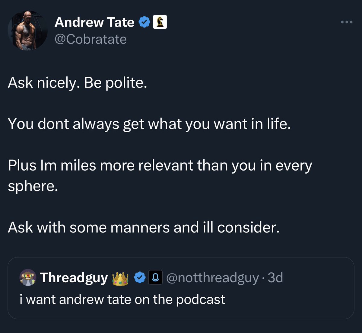 Andrew Tate out here cooking threadguy now LMAO