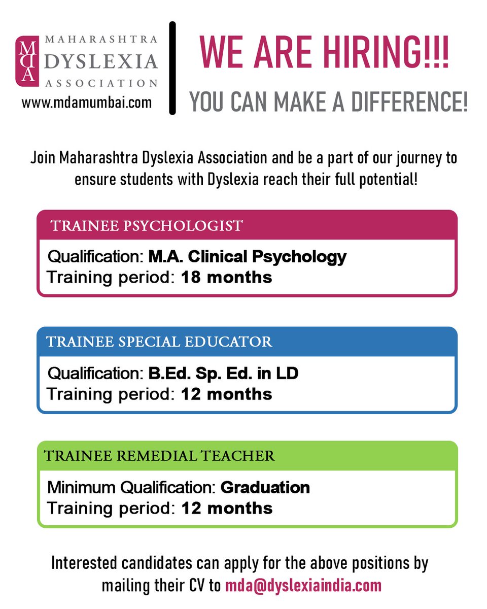 mdadyslexia's tweet photo. We're hiring passionate individuals for the  positions of special educator, psychologist, and remedial educator.

If you're ready to make a difference, apply now!

#hiring2024 #hiring https://t.co/jUv2v2hBa3