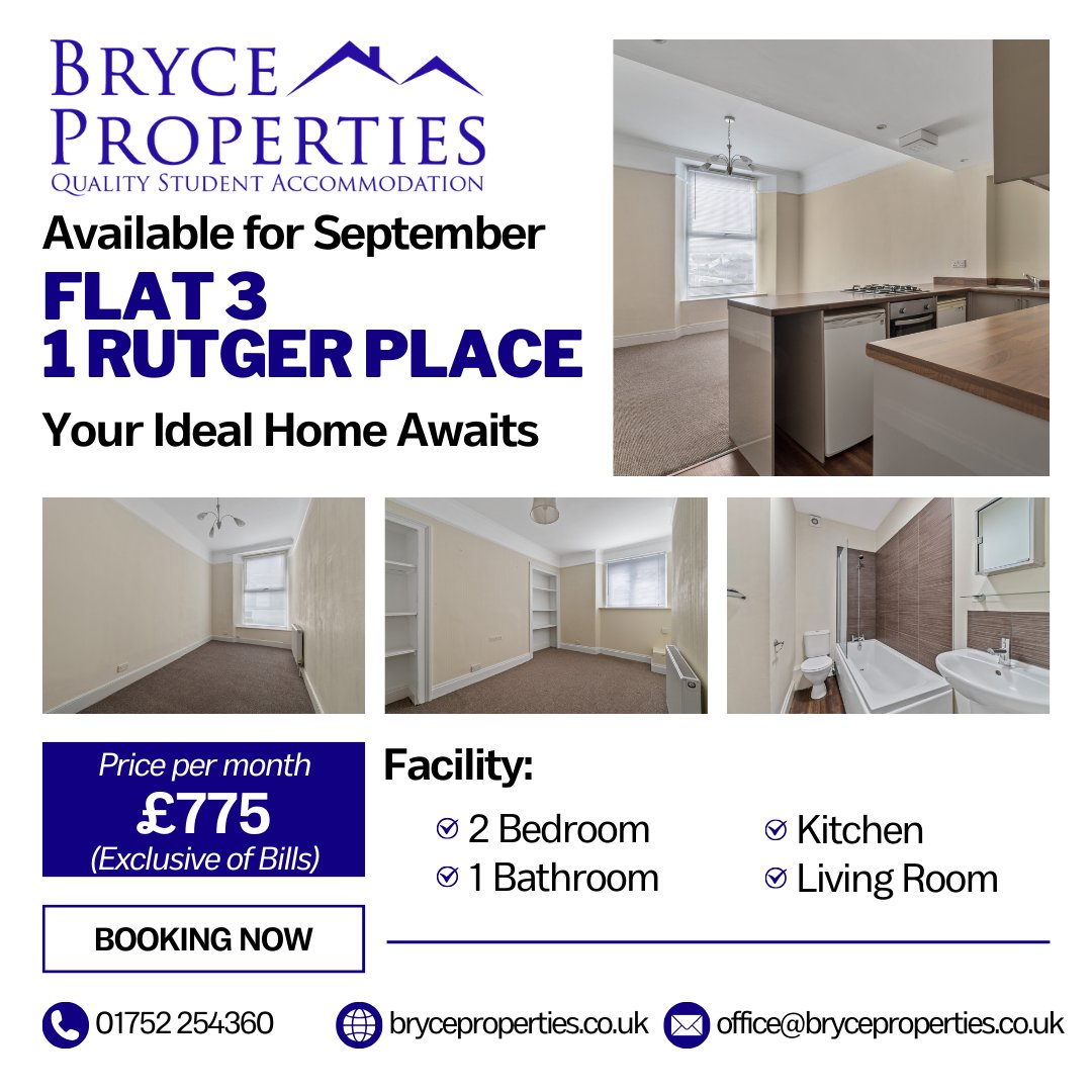 Bryce Properties, Flat 3 1 Rutger Place, is a fully furnished 2-bedroom apartment available for September 2024. It is situated on Rutger Place, Stoke, priced at £775 per month.

Contact them on 01752 254360 or by email at office@bryceproperties.co.uk today!