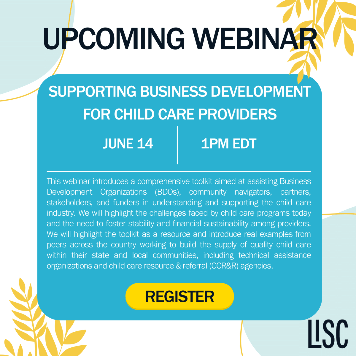This June 14th webinar introduces a comprehensive toolkit aimed at assisting Business Development Organizations (BDOs), community navigators, partners, stakeholders, and funders in understanding and supporting the child care industry. 😀

Register now at lisc.app.box.com/s/k10d0holv3ha…