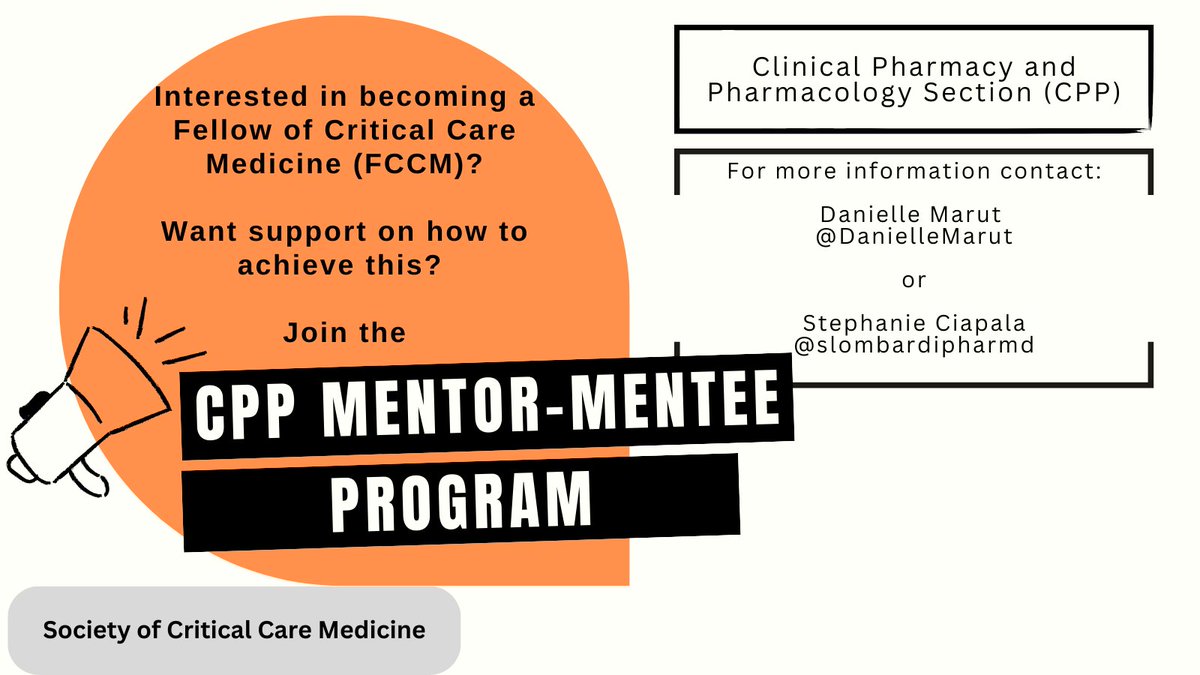 Interested in Fellowship in Critical Care Medicine (FCCM)? Want guidance on how to achieve this? Join the CPP Mentor-Mentee program! For more information, contact Stephanie Ciapala (<a href="/slombardipharmd/">Stephanie Lombardi Ciapala</a>) or Danielle Marut (<a href="/DanielleMarut/">Danielle Marut, PharmD, BCCCP</a>)

 #PharmICU