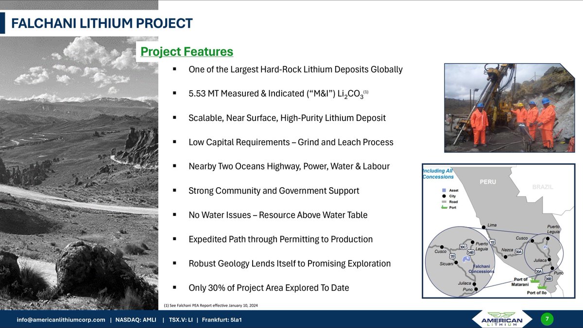 The Falchani Lithium Project in Peru:

➡️ One of the World's largest hard-rock lithium deposits

➡️ 5.53 million tonnes measured &amp; indicated Li₂CO₃

➡️ Low capital requirements

➡️ Nearby #mining &amp; transport infrastructure

➡️ Resource is above the water table

🇺🇸 $AMLI 🇨🇦 $LI