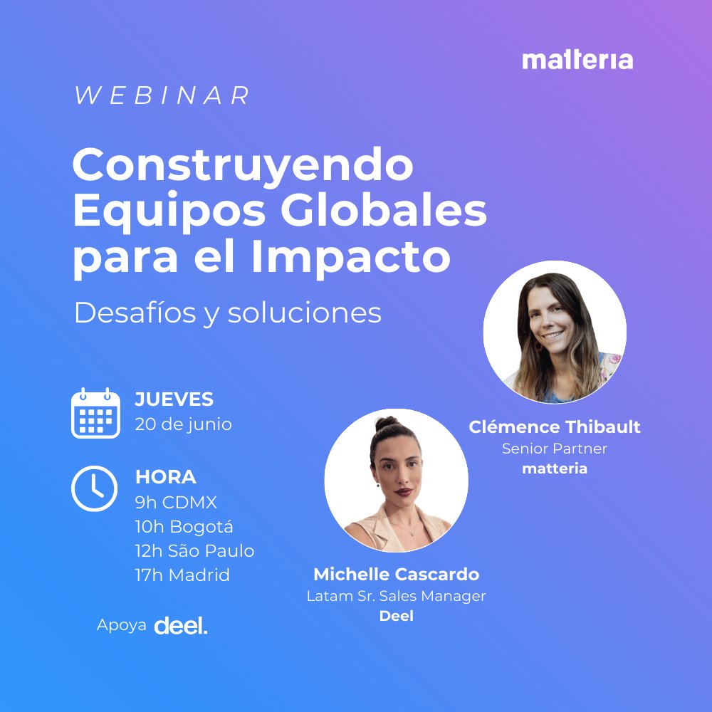 Los y las invitamos el próximo 20 de junio al hashtag#webinar "Construyendo Equipos Globales para el Impacto: Desafíos y Soluciones" 
🔗 Inscripciones: lnkd.in/dGDGHR-g
🗓️ Fecha: Jueves, 20 de junio
⏰ Hora: 9 h CDMX / 10 h Bogotá / 12 h São Paulo / 17 h Madrid