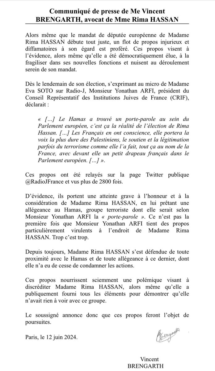 RimaHas's tweet photo. Communiqué de presse 
J’annonce déposer plainte contre @Yonathan_Arfi président du @Le_CRIF pour les propos qu’il a tenus sur Radio J. https://t.co/3yVronAaH8