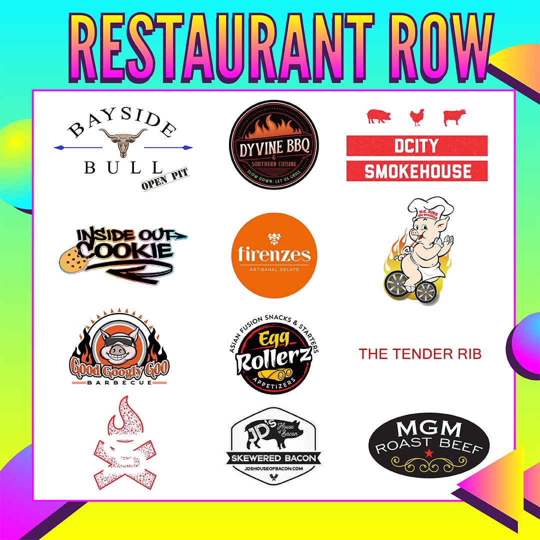 🍽️ Feast your eyes on DC's ultimate Restaurant Row at #BBQinDC🍔
🐂 Bayside Bull
🚛 Dyvine BBQ 
🍗 Good Googly Goo
🥓 JDs House of Bacon
🥩 MGM Roast Beef
🍖 The Tender Rib
🚚 NC Ribs on Wheels
🍖 Smokecraft
🍳 Eggrollerz
🍖 DCity Smokehouse
🦪 Shuck Shack
🥓 Bacon on a Stick