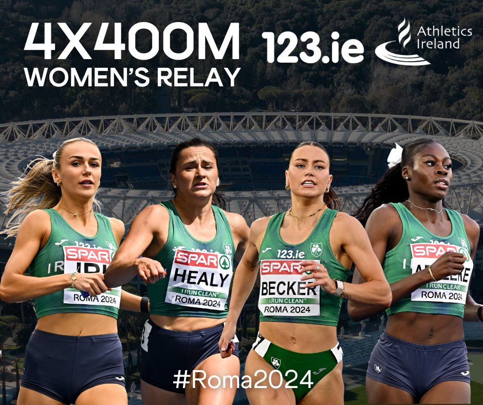 The Women's 4x400m Relay, composed of Sophie Becker,  Rhasidat Adeleke, Phil Healy &amp; Sharlene Mawdsley, will take to the line this evening in search of Rome relay success✨

📅 Women's 4x400m Relay Final @ 8.05pm
🔥NR: 3:24.38
📺 RTE

#Roma2024 #IrishAthletics @ask123ie