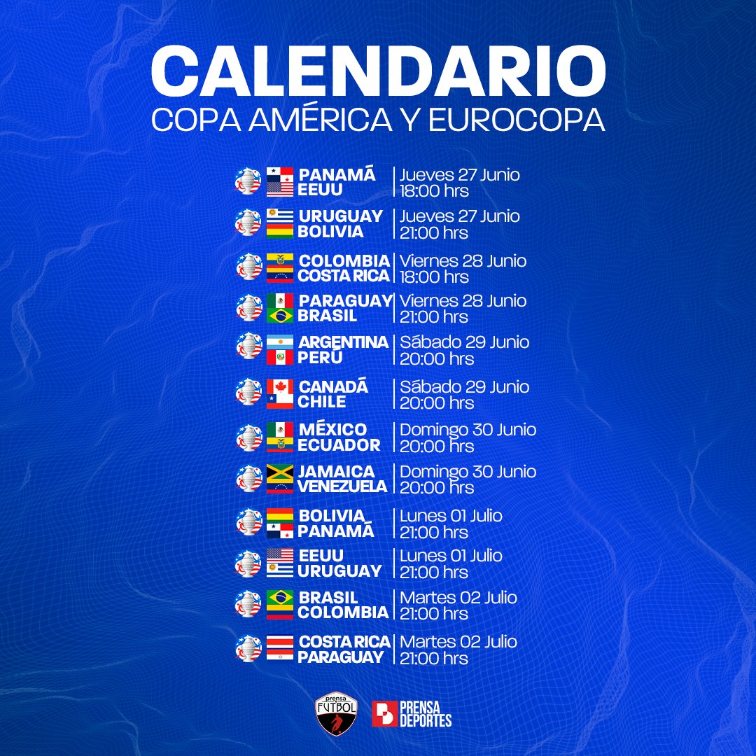 PrensaFutbol's tweet photo. 🗓️ No me despego del sillón ni la tv: Comparta con sus amigos la agenda completa de partidos de #Euro2024 y #CopaAmérica 🏆. https://t.co/VkEkTAOKbA https://t.co/kd6JrhTRAN
