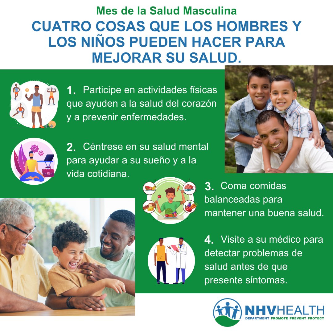NHVPublicHealth's tweet photo. June is Men’s Health Month! 
Encourage men and boys to be proactive in their health by implementing healthy living decisions.

Anime a los hombres y los niños a ser proactivos con su salud mediante la aplicación de decisiones de vida saludables.

#MensHealthMonth #NHVHealth #NHV https://t.co/4Jp0nCdqcH