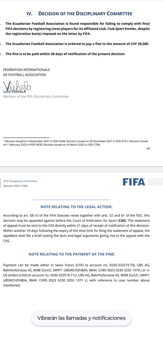 mbeesellares's tweet photo. Sanción de multa (CHF 50.000) para la @FEFecuador por inscribir jugadores de Emelec desobedeciendo una resolución de FIFA que prohibía, la inscripción de futbolistas nacionales o extranjeros por la deuda que mantenía el club con Queiroz Martinez. 
(Artículo 21) C.D FIFA. https://t.co/cQXWrNvMGH