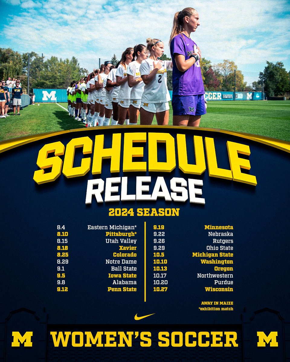 umichwsoccer's tweet photo. 2024 SCHEDULE

See YOU at U-M Soccer Stadium this season!

Full Slate➡ https://t.co/mT7BNFqfgW

#GoBlue〽️ https://t.co/10vlVG7UCy