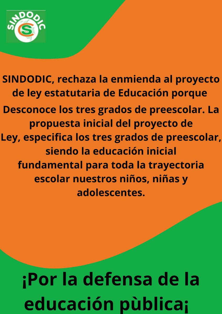 Sindodic's tweet photo. Pensamiento y posición de @Sindodic en la actual coyuntura política ante la ley estatutaria con las perjuicios de las enmiendas después de 3er debate comisión 1ra @SenadoGovCo con aval @Mineducacion Unidos en la defensa de la educación pública !! https://t.co/lSIlqlFcT8