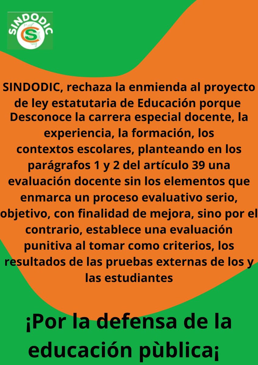 Sindodic's tweet photo. Pensamiento y posición de @Sindodic en la actual coyuntura política ante la ley estatutaria con las perjuicios de las enmiendas después de 3er debate comisión 1ra @SenadoGovCo con aval @Mineducacion Unidos en la defensa de la educación pública !! https://t.co/lSIlqlFcT8