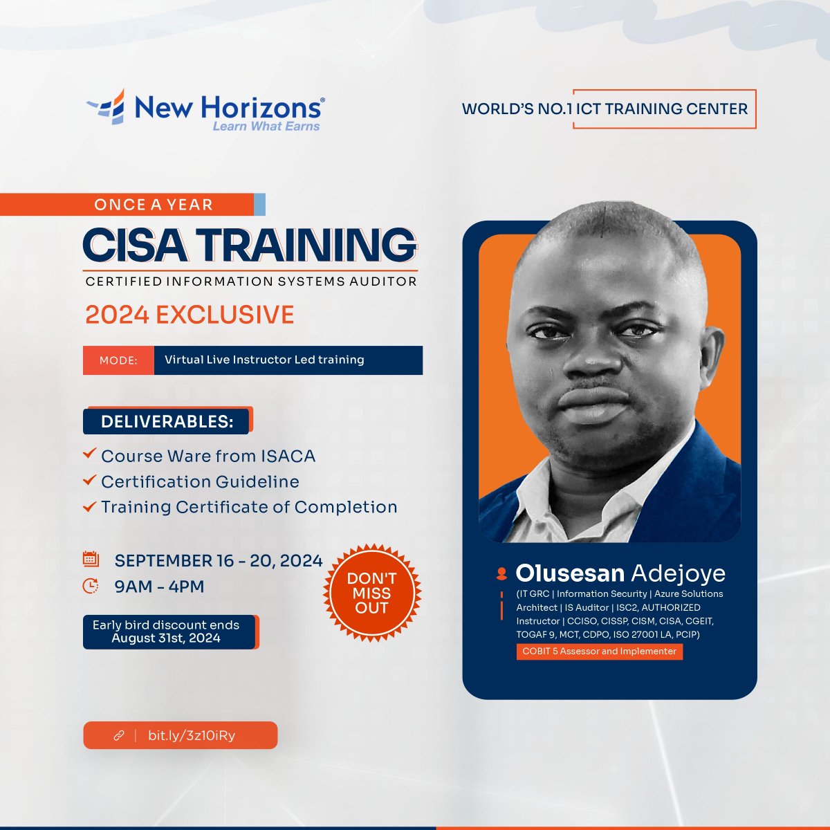 nhnigeria's tweet image. Partake in the exclusive CISA TRAINING this coming SEPTEMBER and skyrocket your career into a whole new level.

Get the knowledge that remains valuable to you for a lifetime!

REGISTER NOW!

#cisa #cisatraining #nhnigeria #newhorizonsnigeria