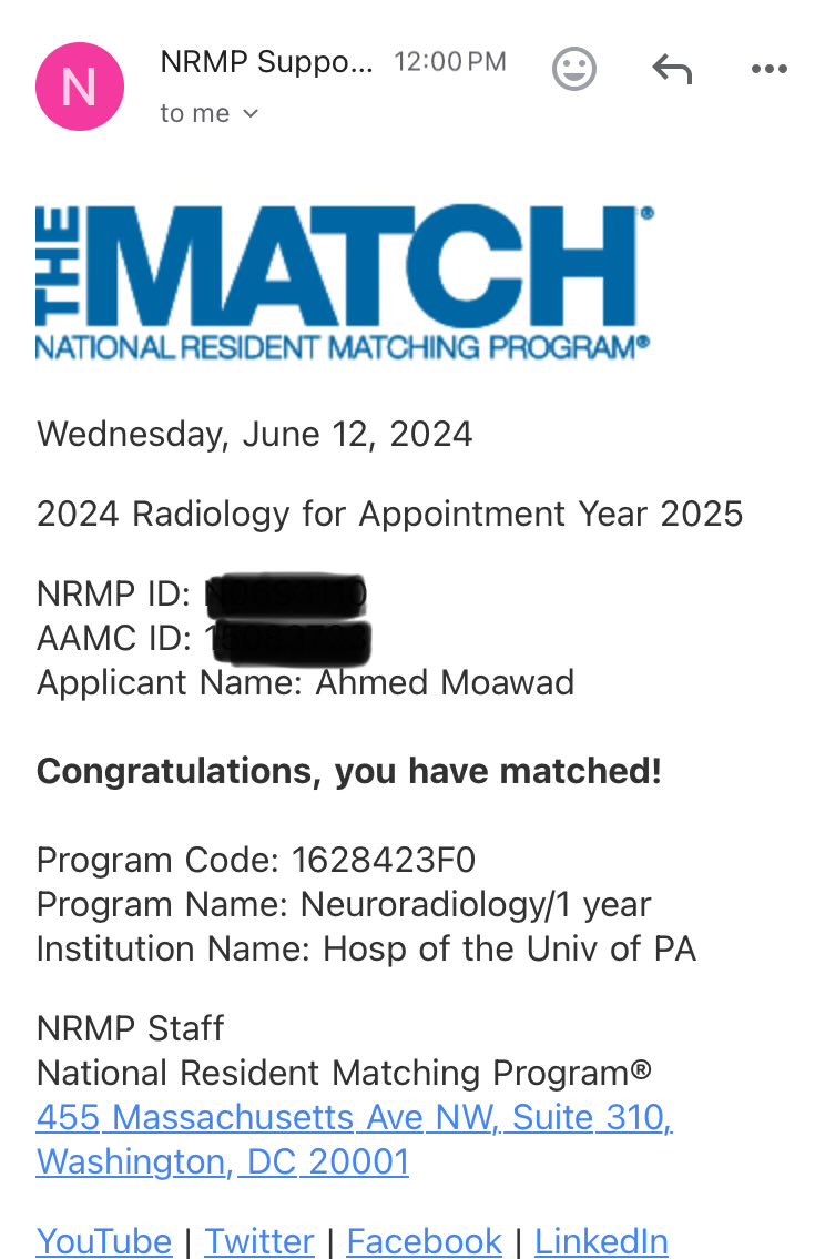 Ahmed W. Moawad (@moawad_w) on Twitter photo I am honored to join <a href="/PennRadiology/">Penn Radiology</a> for neuroradiology. So thrilled to join such an amazing team. Thanks <a href="/MCMC_RadRes/">MCMC Diagnostic Radiology Residency Program</a> for your support and guidance. One more year in Philly 😁
<a href="/TheASNR/">The American Society of Neuroradiology</a> <a href="/RobertMKurtzMD/">Robert Kurtz</a> <a href="/MariamAboian/">Mariam Aboian</a>
#FellowMatch #neurorad #radres #radfellow I am honored to join <a href="/PennRadiology/">Penn Radiology</a> for neuroradiology. So thrilled to join such an amazing team. Thanks <a href="/MCMC_RadRes/">MCMC Diagnostic Radiology Residency Program</a> for your support and guidance. One more year in Philly 😁
<a href="/TheASNR/">The American Society of Neuroradiology</a> <a href="/RobertMKurtzMD/">Robert Kurtz</a> <a href="/MariamAboian/">Mariam Aboian</a>
#FellowMatch #neurorad #radres #radfellow