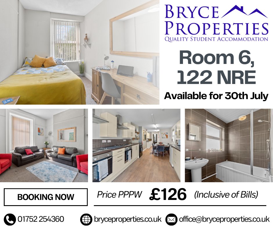 Bryce Properties, Room 6 122 North Road East, is part of an 8-bedroom house and is available for 30th July 2024. 
Contact them on 01752 254360 or by email at office@bryceproperties.co.uk today!