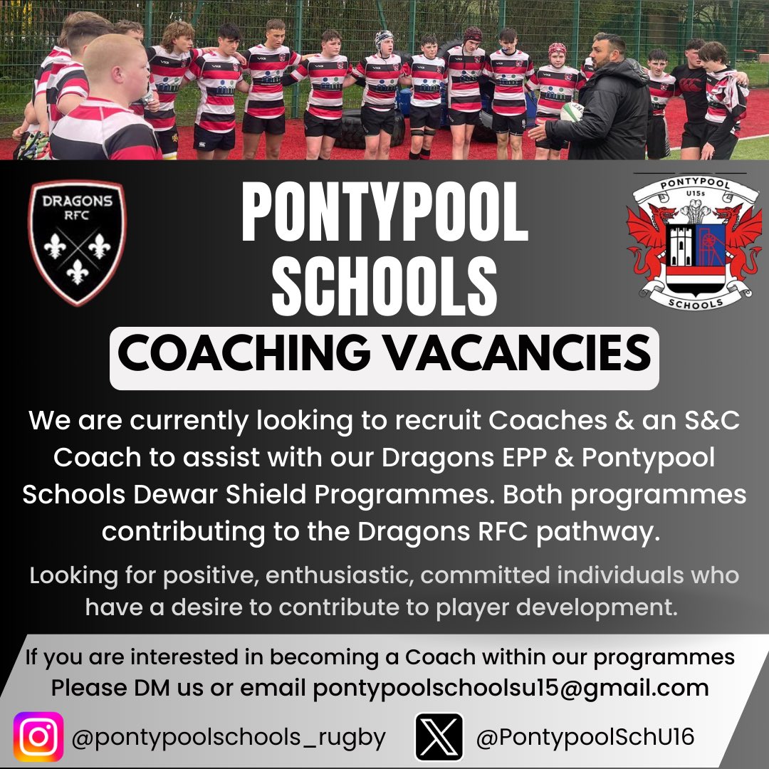 🚨 Exciting Coaching Opportunity with Dragons EPP &amp; Pontypool Schools 🚨

DM for more info

<a href="/WRU_Community/">WRU Community - Wrth galon y genedl</a> @DragonsHUBs <a href="/Dragons_Academy/">Dragons Academy</a> <a href="/DRA_Community/">DRAGONS RFC COMMUNITY 🐉</a> @dragonsrugby <a href="/rugbyvacancies/">Rugby Vacancies</a> <a href="/AllWalesSport/">All Wales Sport</a>