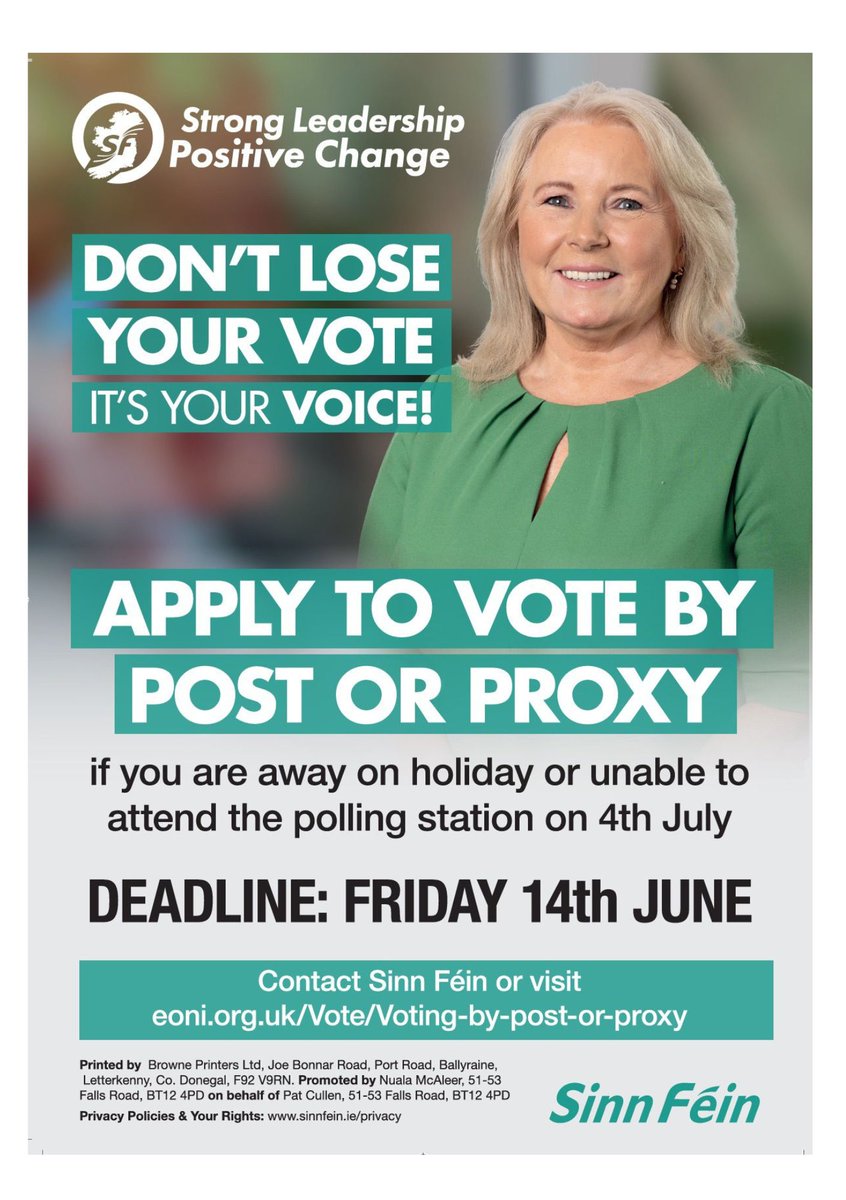 FermanaghSF's tweet photo. 🚨TIME RUNNING OUT - DEADLINE FRIDAY (in Belfast)🚨
On the 4th July are you:
✈️Away on holidays? 
📌🎓Working/studying away from home?
🛌🏻Unable to get to your polling station for health reasons?

You are entitled to a postal or proxy vote for any of the reasons. Contact us today! https://t.co/9hmyUE6dl7