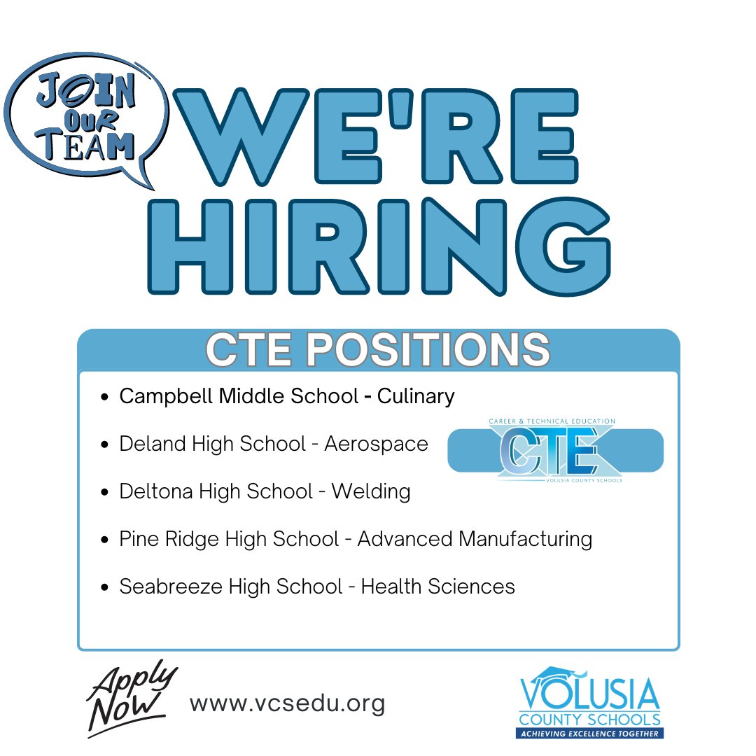 Join our team &amp; ignite the future! We're on the lookout for passionate individuals to join us in shaping the next generation. Come join our dynamic team &amp; help empower students to excel in the real world. Apply now &amp; let's make a difference together! #CTE #EducationJobs #JoinUs