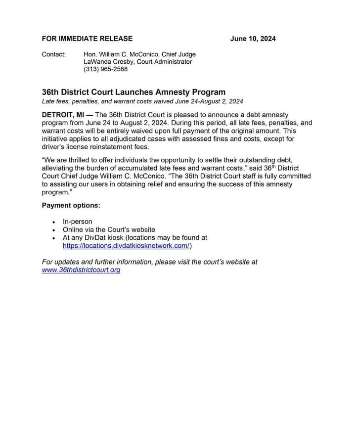 ybiagency's tweet image. #ticketamnesty #amnesty #amnestyprogram #Detroit 
#36thdistrictcourt #june 24th to #august 2nd, 2024.
36thdistrictcourt.org