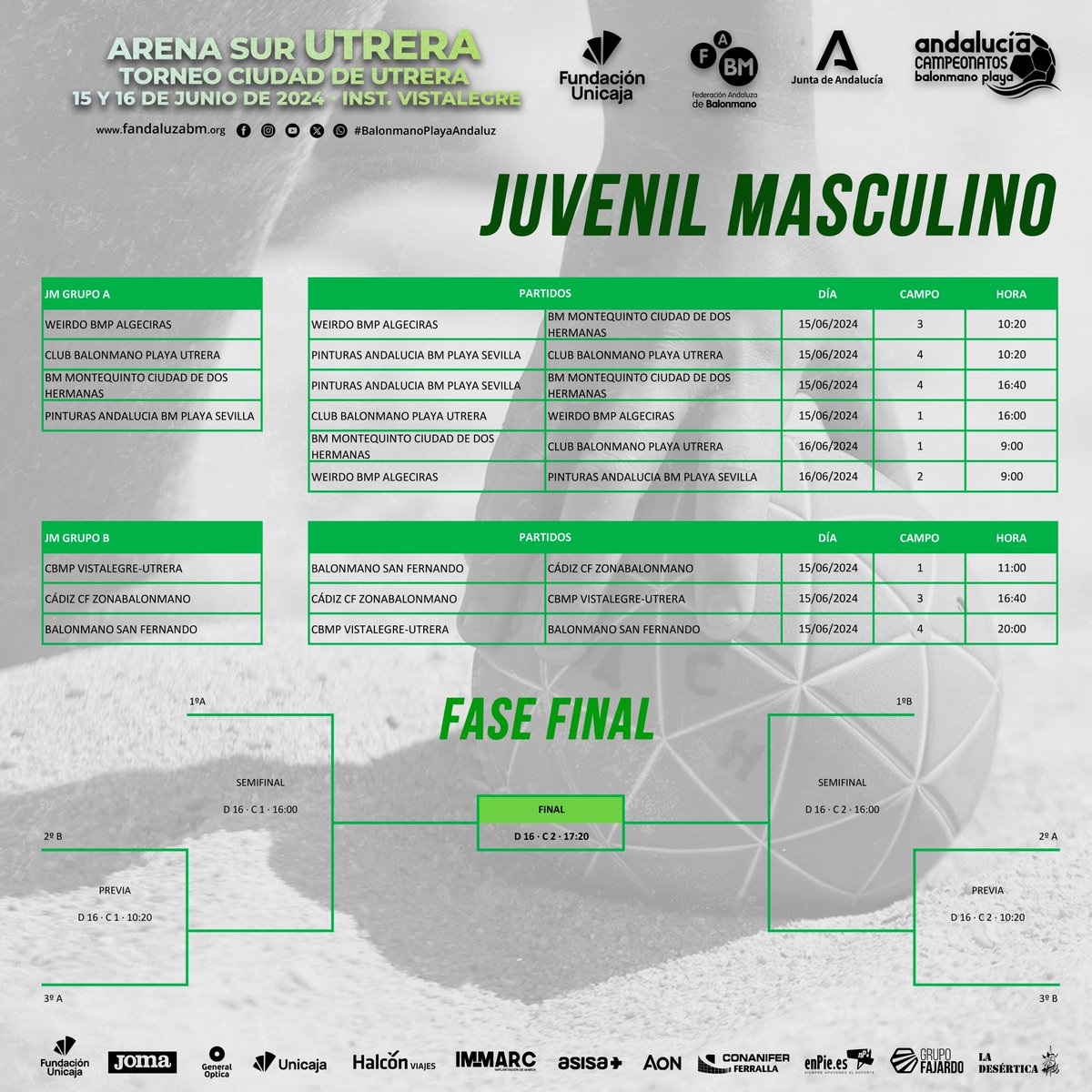 FabmPlaya's tweet photo. 🔜Prepárate para el #ArenaSur 𝑼𝒕𝒓𝒆𝒓𝒂 con los horarios de juego

🏆Competición 𝐉𝐔𝐕𝐄𝐍𝐈𝐋🏆

✍️Toma nota 📝
📆 15 y 16 de junio
📍 Utrera
🏖️ Instalaciones Deportivas Vistalegre

🤝 @CiudadUtrera &amp;  @CbmUtrera https://t.co/d8rKBqrEx1