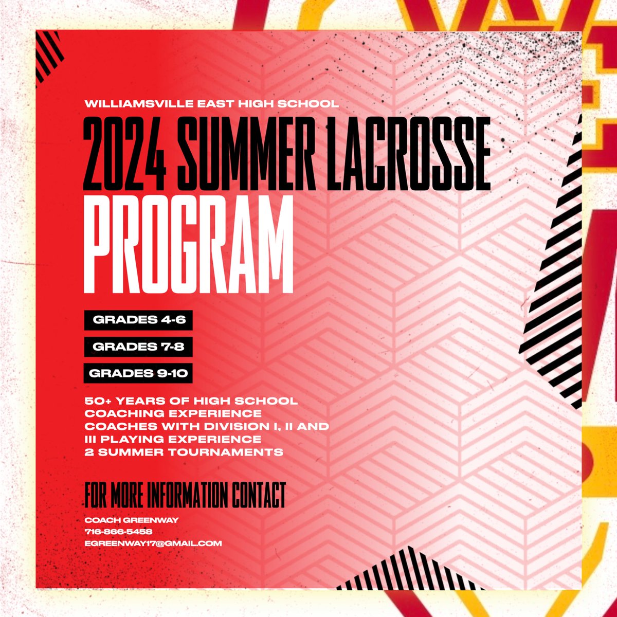 Williamsville East Mens Lacrosse (@willeastmenslax) on Twitter photo 🚨There is still time to register for our East Summer Program!🚨
Starts TOMORROW June 13
⭐️ Grades 4-10
⭐️ 2 nights a week
⭐️ 2 tournaments
⭐️ Reversible jersey and shorts
Register here ➡️ …erstlacrosseassociation.sportngin.com/register/form/…
<a href="/egreenway17/">Coach Greenway</a> <a href="/Will_Athletics/">WCSD Athletics</a> <a href="/WillEastFlames/">Will East Athletics</a> 🚨There is still time to register for our East Summer Program!🚨
Starts TOMORROW June 13
⭐️ Grades 4-10
⭐️ 2 nights a week
⭐️ 2 tournaments
⭐️ Reversible jersey and shorts
Register here ➡️ …erstlacrosseassociation.sportngin.com/register/form/…
<a href="/egreenway17/">Coach Greenway</a> <a href="/Will_Athletics/">WCSD Athletics</a> <a href="/WillEastFlames/">Will East Athletics</a>