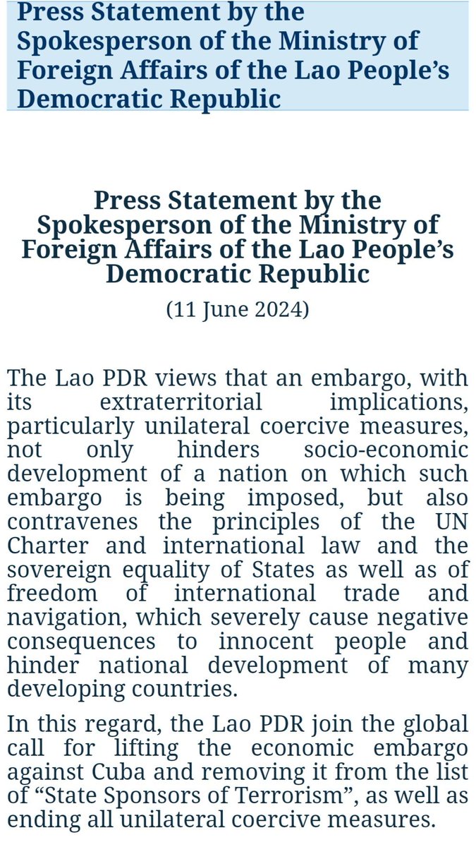 Gobierno de #Laos, a través de su Cancillería, ha reiterado su llamado a poner fin al bloqueo de EEUU contra #Cuba y a eliminar a nuestro país de la espuria lista de Estados patrocinadores del terrorismo.

Agradecemos este nuevo pronunciamiento de apoyo a nuestra justa causa.