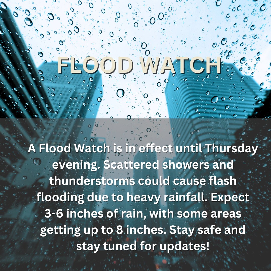 Heads up, South Florida! A Flood Watch is in effect until Thursday evening. Scattered showers and thunderstorms could cause flash flooding due to heavy rainfall. Expect 3-6 inches of rain, with some areas getting up to 8 inches. <a href="/MiamiPD/">Miami PD</a> <a href="/CityofMiamiFire/">Miami Fire Rescue</a>