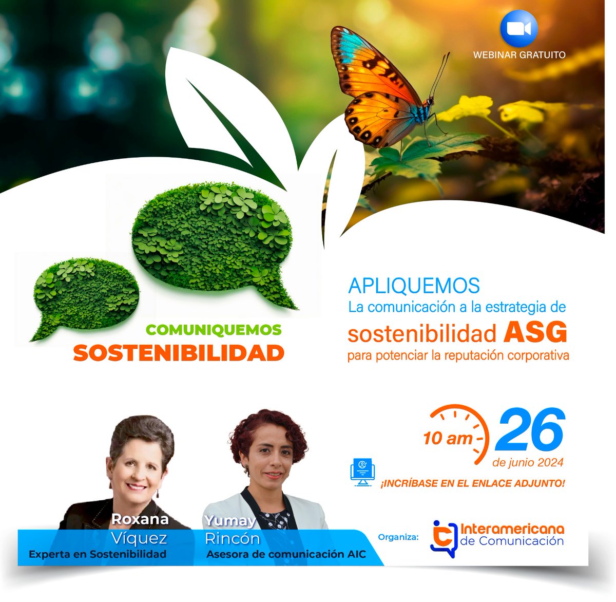 💫 Los invitamos al webinar: Apliquemos la comunicación a la estrategia de Sostenibilidad ASG, para potenciar la reputación corporativa. 
Inscripciones: us06web.zoom.us/webinar/regist…