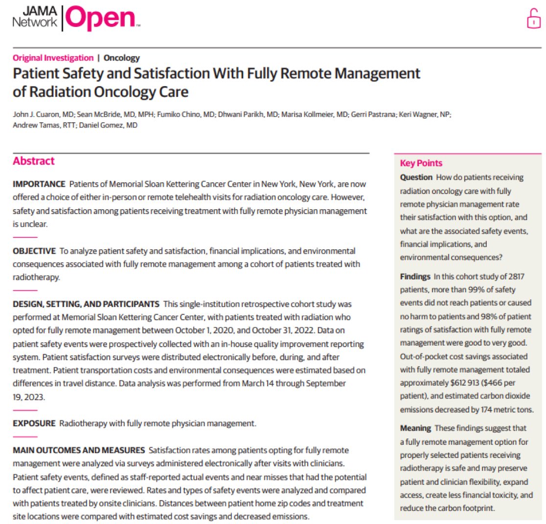 John Cuaron (@johncuaron) on Twitter photo 🚨Very excited to share our work on remote management of #radonc patients now in <a href="/JAMANetworkOpen/">JAMA Network Open</a>. Over 2800 patients managed remotely had high satisfaction with no major safety events, lower out of pocket costs and a reduced carbon footprint.
jamanetwork.com/journals/jaman… 🚨Very excited to share our work on remote management of #radonc patients now in <a href="/JAMANetworkOpen/">JAMA Network Open</a>. Over 2800 patients managed remotely had high satisfaction with no major safety events, lower out of pocket costs and a reduced carbon footprint.
jamanetwork.com/journals/jaman…
