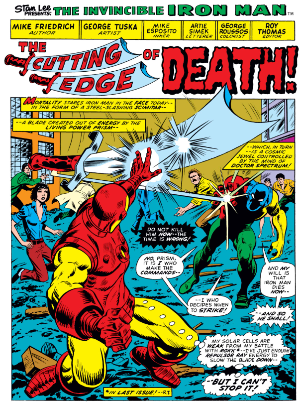 MarvelADay's tweet photo. #MarvelADay #IM65 Picking up right where we left off yesterday, Doctor Spectrum is about to slice Iron Man open with a giant scimitar. - JRW https://t.co/xXmnhzuwQG