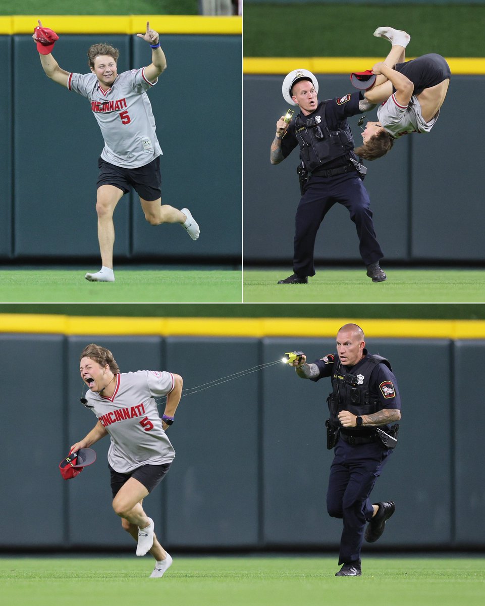 BleacherReport's tweet photo. These photos of the fan who ran onto the field during Reds-Guardians game 😳

He did a backflip before being tased by police

(📸: Andy Lyons) https://t.co/U0TasgUUHc