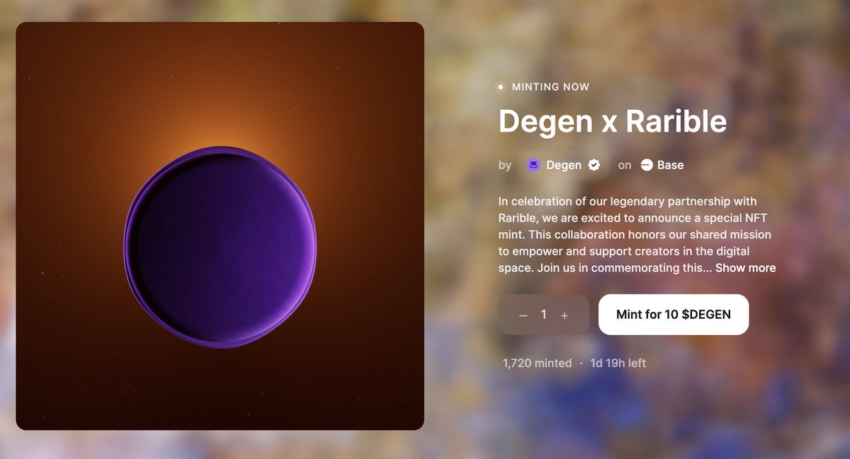 Hey Degens! <a href="/rarible/">Rarible</a> now supports minting NFTs with $DEGEN. To celebrate, we've launched our exclusive Degen x Rarible NFT! Mint now and you might find a little surprise in store later! 💎 rarible.com/collection/bas…