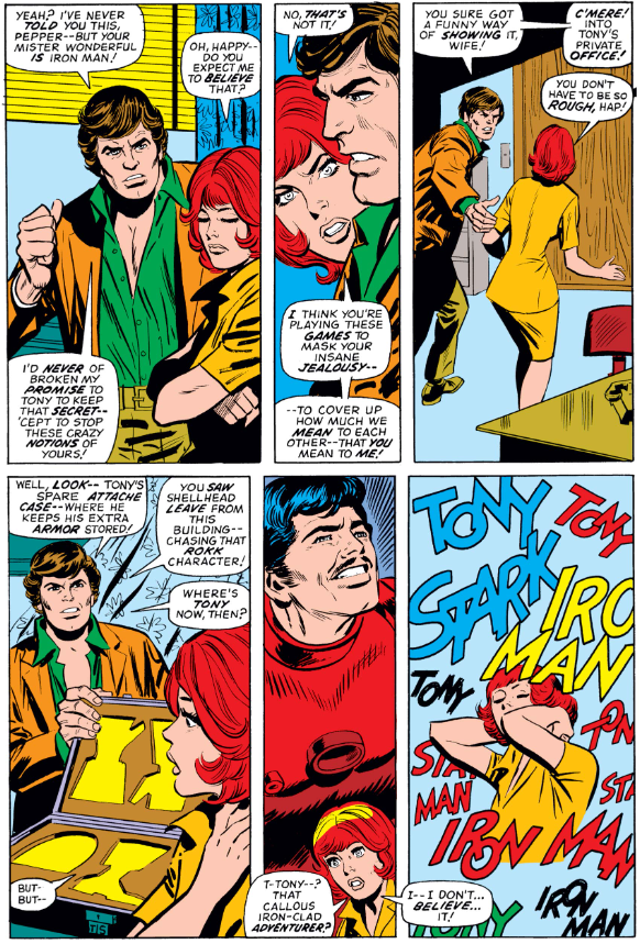 MarvelADay's tweet photo. #MarvelADay #IM65 Happy Hogan has terrible judgment. In the midst of trying to work things out with Pepper, he decides to tell her that Tony is Iron Man. Come on, Happy. - JRW https://t.co/IzWFaPwvFg