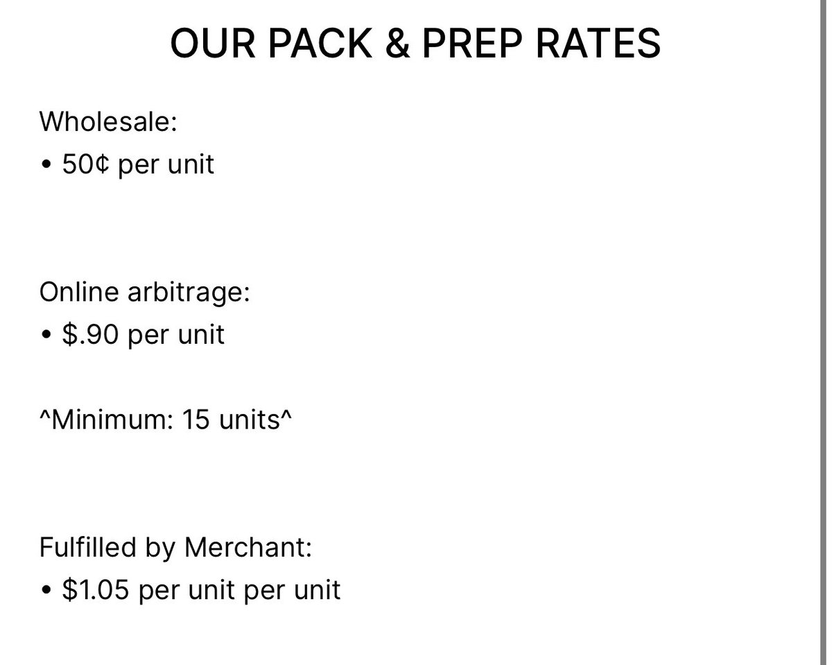 Cashout4lex's tweet photo. Finally finished backend with my prep center 

Cheapest prices anywhere online, these are just base prices imagine if you were to send 5-10k units a month 🥳 https://t.co/uSz6oz8LGG